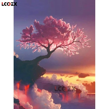 LCOZX Plné kolo 5D DIY Diamond Maľovanie Sakuras Strom Sopky Výšivky Cross Stitch Drahokamu Mozaiky Maľovanie