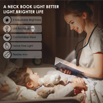 LED Krku Visel Svetlo Hands-Free Nabíjateľná Ohybný Noci, Lampa na Čítanie LED Kniha Svetlá S 3 Úrovňami Jasu