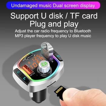 LED Podsvietený Bluetooth, FM Vysielač Auto MP3 TF/U Diskov Prehrávač Handsfree Súprava Adaptéra Dual USB QC 3.0+PD Typ C Rýchlo Nabíjačka,