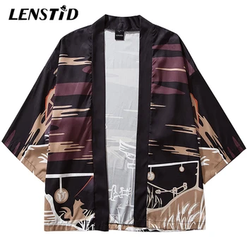 LENSTID 2020 Harajuku Hip Hop Mužov Streetwear Vlk Tlač Bunda Japonské Kimono Letná Tenká Košeľa Japonskom Štýle Street Nosiť Saká