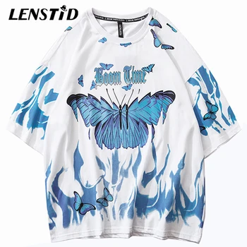 LENSTID 2020 Mens Hip Hop Modrý Plameň Ohňa Motýľ, T Košele Harajuku Streetwear Letné Tričko Krátky Rukáv T-Shirt Bavlna Tees
