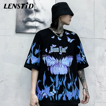 LENSTID 2020 Mens Hip Hop Modrý Plameň Ohňa Motýľ, T Košele Harajuku Streetwear Letné Tričko Krátky Rukáv T-Shirt Bavlna Tees