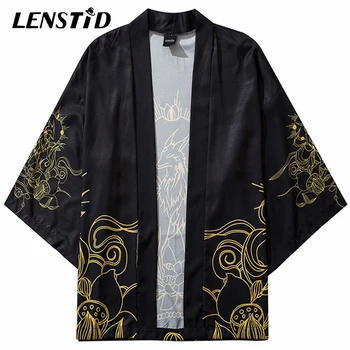 LENSTID Japonský Lotus Fox Vytlačené Kimono Cardigan Bundy Harajuku Streetwear Hip Hop Lete Tenké Voľné Oblečenie, Módne Topy