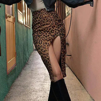Leopard Tlač Bodycon Žien Nepravidelná Sukne Vysoký Pás Split Ženské Sukne 2021 Trend Sexy Streetwear Bežné Dámy Dna