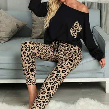 Leopard Tlač Hodváb Pyžamá Pre Ženy 2020 Jeseň Fashion Dlhý Rukáv O Krk Sleepwear Ženské Domáce Oblečenie, Odev