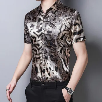 Leopard Tlač Pánske Saténové, Hodvábne Košele, Krátky Rukáv Plus Veľkosť Šaty Letné 2020 Štýlové Pánske Oblečenie Blúzky Havajské Sociálne