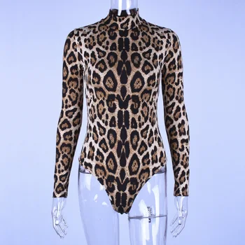 Leopard Tlač Vysoký Krk Dlhý Rukáv Bodycon Kombinézu 2020 Jar, Jeseň, Zima Ženy Móda Bežné Vianočný Večierok Tela