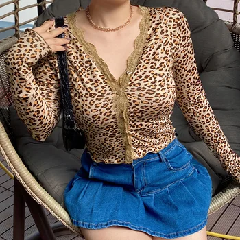 Leopard Tlač Čipky Cardigan Y2k Top 2020 Jeseň Harajuku Dlhý Rukáv Otvoriť Predné Tlačidlo Nahor Plodín Top Tričko Camisetas Mujer