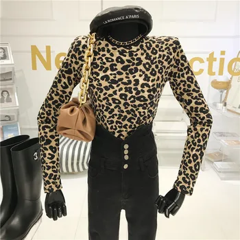 Leopard top s ramenné vypchávky Žien Jeseň/Zima 2020 Nové Slim fit dlhý rukáv T-shirt