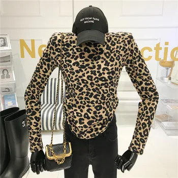 Leopard top s ramenné vypchávky Žien Jeseň/Zima 2020 Nové Slim fit dlhý rukáv T-shirt