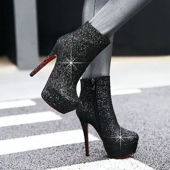 Lesk žien topánky 14 cm super vysoké podpätky, členkové topánky 4,5 cm platforma bling dámy boot sexy model topánky topánky Veľká veľkosť 33-43