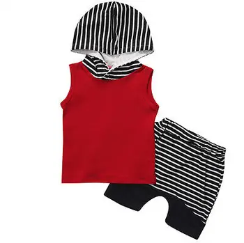 Letné Baby Boy bez Rukávov T-shirt Vesta s Kapucňou Top + Pruhované Nohavice 2 ks Oblečenia Batoľa Kapucňou Oblečenie