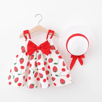 Letné Baby Girl Dress Bavlna Tlač Baby Šaty S Klobúkom 2 ks Oblečenia Nastaviť Novorodenca Šaty Batoľa Dievča Oblečenie