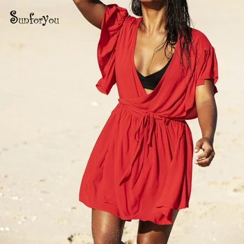 Letné Beach zakryť Tunika Plaviek Pareo Pláži Sarong Vestidos Praia Plus veľkosť Plaviek zakryť Ženy, Červená Plážové Šaty