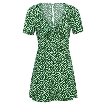 Letné Boho Vintage Ženy Mini Dot Sexy Šaty Krátke Rukáv V krku Kvetinový Sundress Pevné Zelené Bodky Vintage Femme Vestido