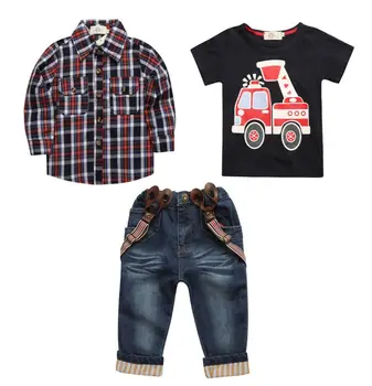 Letné deti chlapec oblečenie,detské Oblečenie Set Mriežky tričko s dlhým rukávom a T-shiert Džínsy chlapčenské odevy