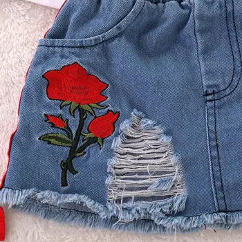 Letné Dievčenské Oblečenie Sady List-Krátke rukávy+ Rose Vyšívané Denim Sukne 2 KS, Baby, Deti, Oblečenie Vyhovovali Deťom Oblečenie