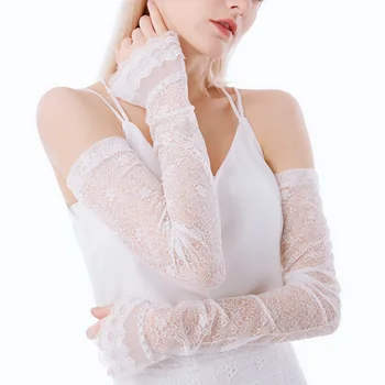 Letné dlhé opaľovací krém čipky rukavice ice hodváb rameno rukáv nevesta ruka v rukáve čipky pearl high-end luxusný svadobné šaty up rukávmi