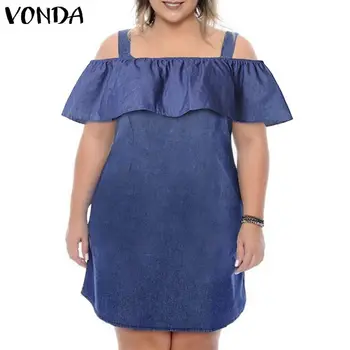 Letné Džínsové Šaty 2021 VONDA Ženy Sexy Mimo Ramenný Strany Prehrabať Mini Šaty Bežné Krátke Sundress Plus Veľkosť Vestido Žena 5XL