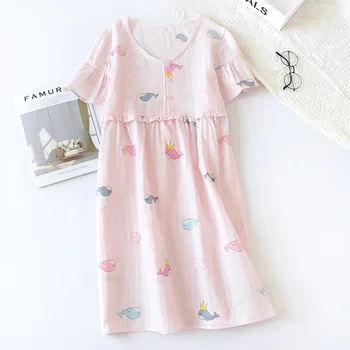 Letné kawaii cartoon bavlna nightgowns ženy noc šaty Japonský bežné krátky rukáv krytý sleepdress pre ženy