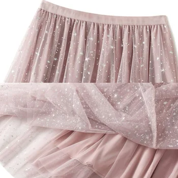 Letné Lesk Star Dlho Tylu Sukne Ženy Víla Black Pink Vysoký Pás Oka Skladaný Tutu Sukne, Elegantné Ženy Kórejský Maxi Sukne