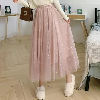 Letné Lesk Star Dlho Tylu Sukne Ženy Víla Black Pink Vysoký Pás Oka Skladaný Tutu Sukne, Elegantné Ženy Kórejský Maxi Sukne