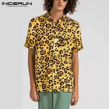 Letné Mužov Leopard Tlač Tričko Krátky Rukáv 2021 Streetwear Klope Bežné Štýlový Havajské Košele Elegantné Pláži Camisa S-5XL INCERUN