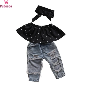 Letné Módy Batoľa, Dieťa Dievčatá Oblečenie Dot bez Rukávov 3ks Topy+Otvor Džínsy Oblečenie Ležérne Oblečenie 0-3 rokov