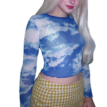 Letné Módy Nové Modrú Oblohu A Biele Cloud Vytlačené T-Shirt Sexy Pupok Štíhla Žena Digitálna Tlač Transparentné Oka Tričko Pre Lady