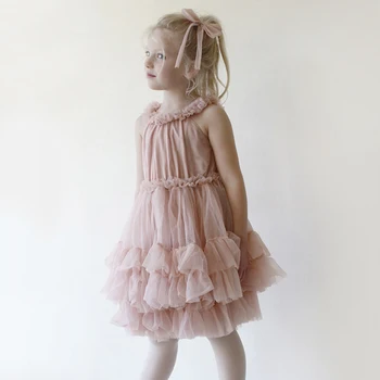Letné new children 's odevy sladké ružové/tmavo modrá/ biela dievča deti lemovaný bez rukávov šaty čipky multi-layer cake šaty