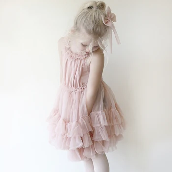 Letné new children 's odevy sladké ružové/tmavo modrá/ biela dievča deti lemovaný bez rukávov šaty čipky multi-layer cake šaty