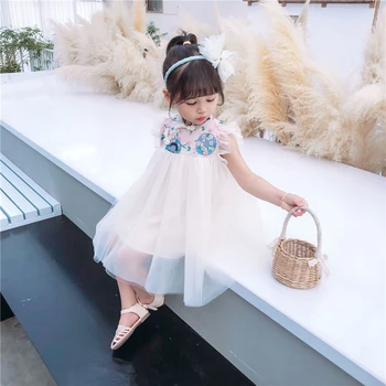 Letné nový chlapec dievča bez rukávov výšivky strane princezná šaty šaty Čínsky štýl šaty gázy šaty party šaty.