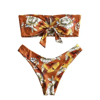 Letné plážové oblečenie dámske Bikini Set Čalúnená bez Ramienok Bandeau Kvetinový Tlač Uzol Dva Kusy Plavky, plavky Biquini Mujer