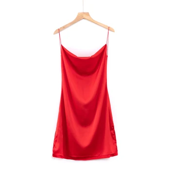 Letné sklzu šaty bežné sexy saténové šaty červené špagety popruh backless šaty žena strany noc