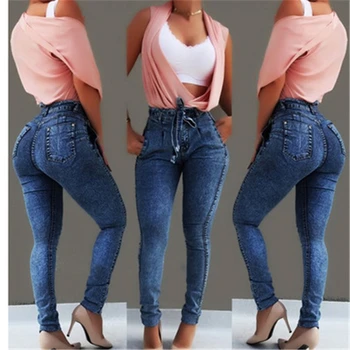 Letné Streetwear Bežné Jean pre Ženy Vysoký v strede zúžený Džínsy Sexy Chudá Taška Boky Dámy Office Džínsy Veľkoobchod Dropshipping