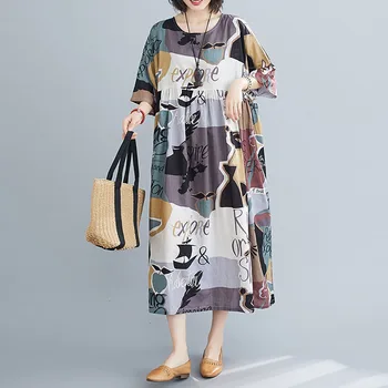 Letné Vintage Ženy Bavlnená Posteľná Bielizeň Šaty Dot Tlače Pozdĺžne Prekladané O Krk Krátky Rukáv Vrecku Voľné Šaty Plus Veľkosť