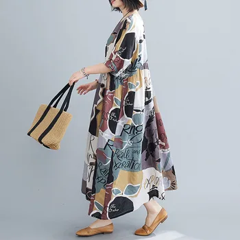 Letné Vintage Ženy Bavlnená Posteľná Bielizeň Šaty Dot Tlače Pozdĺžne Prekladané O Krk Krátky Rukáv Vrecku Voľné Šaty Plus Veľkosť