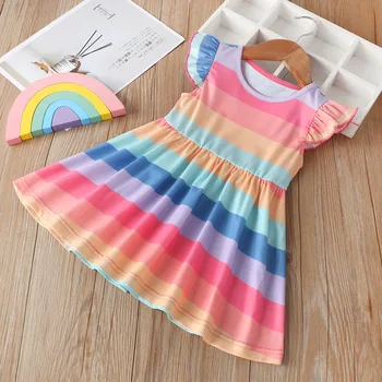 Letné výbuchu rainbow, šaty dievča dievča lietania rukávy prekladané dúhová princezná sprievod šaty narodeninovej party šaty платье 40*