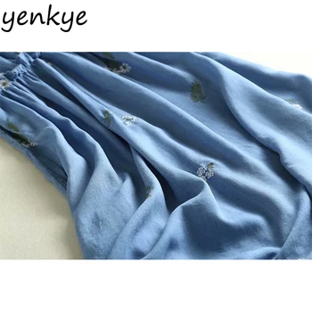 Letné Šaty 2019 Ženy Kvetinové Výšivky Mäkké Modré Džínsové Šaty Žien V Krku Krátky Rukáv Midi Bežné Plus Veľkosť Šaty