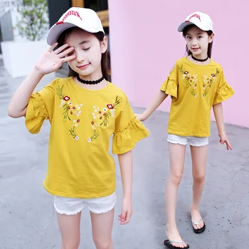 Letné Šaty Dievča Trúby Rukáv, Krátke Voľné kórejský Polovičný Rukáv Výšivky Kvet bez Ramienok T-shirt