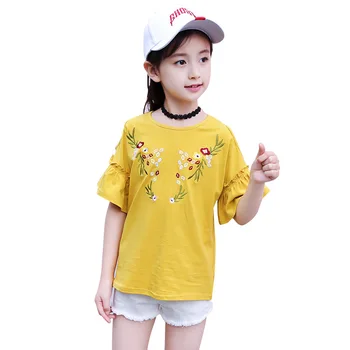 Letné Šaty Dievča Trúby Rukáv, Krátke Voľné kórejský Polovičný Rukáv Výšivky Kvet bez Ramienok T-shirt