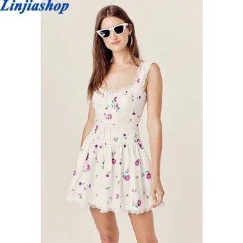 Letné šaty žien sladké čipkou trim kvetinový tlač mini šaty, sexy backless bez rukávov A-line party šaty krátke vestidos