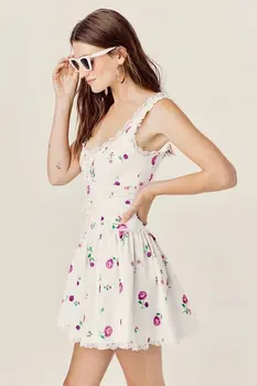 Letné šaty žien sladké čipkou trim kvetinový tlač mini šaty, sexy backless bez rukávov A-line party šaty krátke vestidos