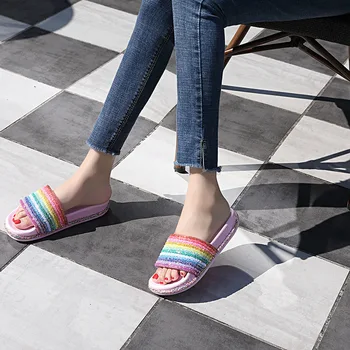 Letné Šľapky Svieti Rainbow Listov Nové Feamle Hrubé dno Vonkajšie Pláži papuče Ženy sandále Zapatos De Mujer