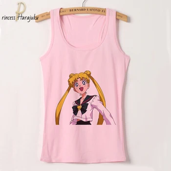 Letné Ženy Tank Topy Košieľka Vesta Sailor Moon Tlač Kawaii Topy Žena O-krku Bežné Tee Voľné bez Rukávov Sexy Plus Veľkosť