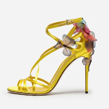Letné žlté, čierne sandále ženy motýľ kvety ozdobené vysoké podpätky strappy 2018 sexy svadobné topánky zapatos mujer