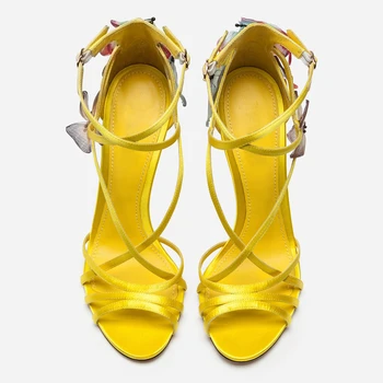 Letné žlté, čierne sandále ženy motýľ kvety ozdobené vysoké podpätky strappy 2018 sexy svadobné topánky zapatos mujer
