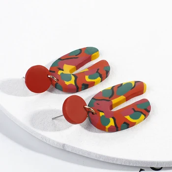 Lifefontier 3D Ílu Polyméru Drop Náušnice Geometrické Červenej Farebnej Tlače U Shape Náušnice Pre Ženy, Dievčatá Šperky Brincos
