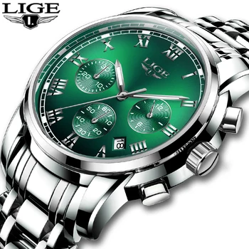 LIGE 2020 Nové Quartz Hodinky Mužov Silver Green Plnej Ocele, Vodotesné Hodinky Top Značky Luxusné Príležitostné Športové Pánske Hodinky S Box