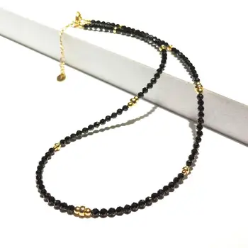 Lii Ji 3 mm Mini Black Spinelovou Prírodného Kameňa Šumivé Korálkový Náhrdelník Americký 14K Zlata Vyplnené Ručne vyrábané Šperky 40 cm+5cm